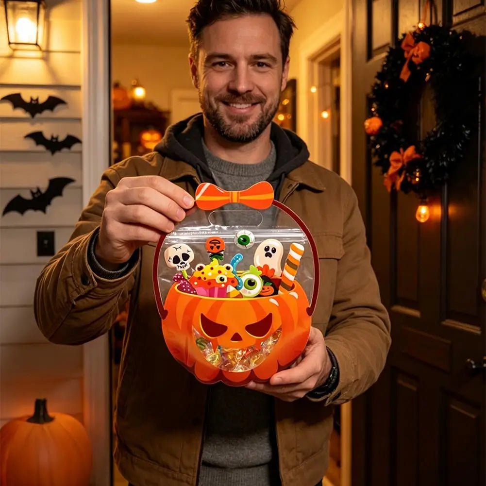 Halloween Pumpkin Candy Bags Portable Handle PE Treat Storage Bags for Kids School Party Gift Packaging Decorations Quake