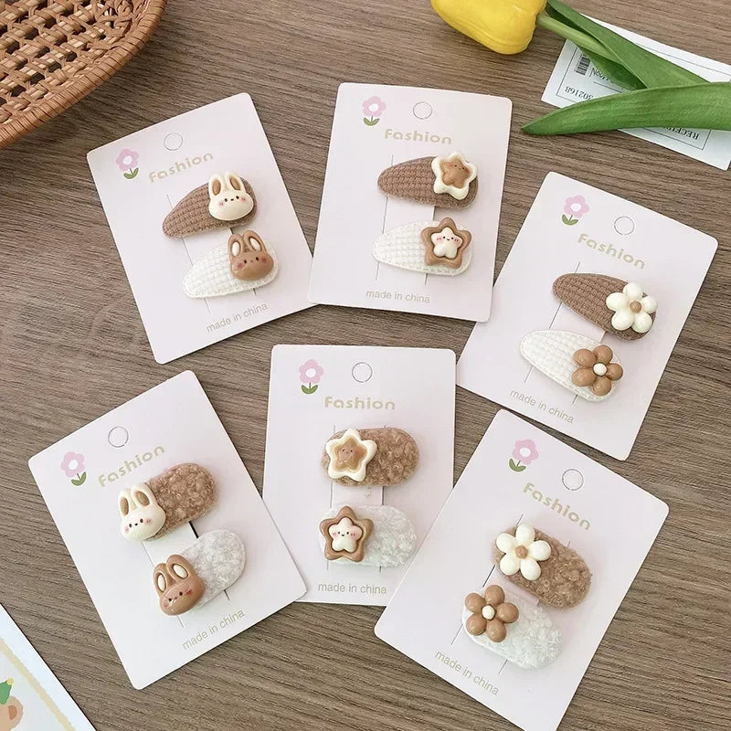 Korean 2pcs Cute Kids Hair Clip Cartoon Rabbit Floral Hair Pin for Girls Milk Coffee Bang Side Clip Children Headwear Quake