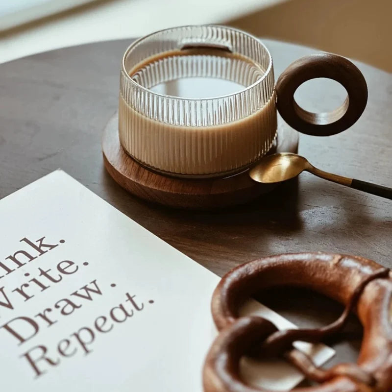 Walnut Coffee Cup Ins with Antique Style Solid Wood Handle and High Borosilicate Glass Milk Cup Quake