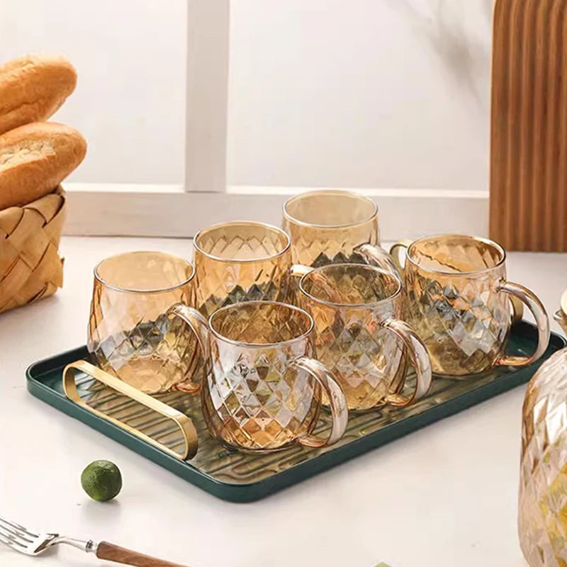 YWDL 1/2pcs Diamond Textured Glass Cup Golden Teacup Mug With Handle Household Fruit Tea Coffee Milk Drinkware Taacup 380ml Quake