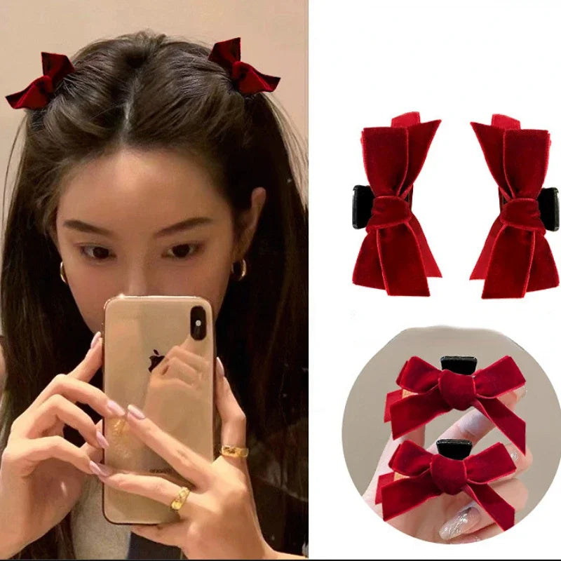 Black Red Small Velvet Bowknot Hair Claw Clips 2pcs/set Korean Princess Hair Clips with Bangs Girls‘ Headwear Hair Styling Tools Quake 2pcs red