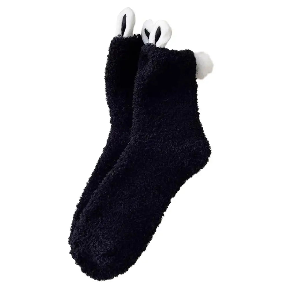 Women's Cartoon Cute Soft Three-dimensional Cute Rabbit Ears Coral Velvet Mid-tube Winter Thicken Lolita Home Warm Sleeping Sock Quake Black