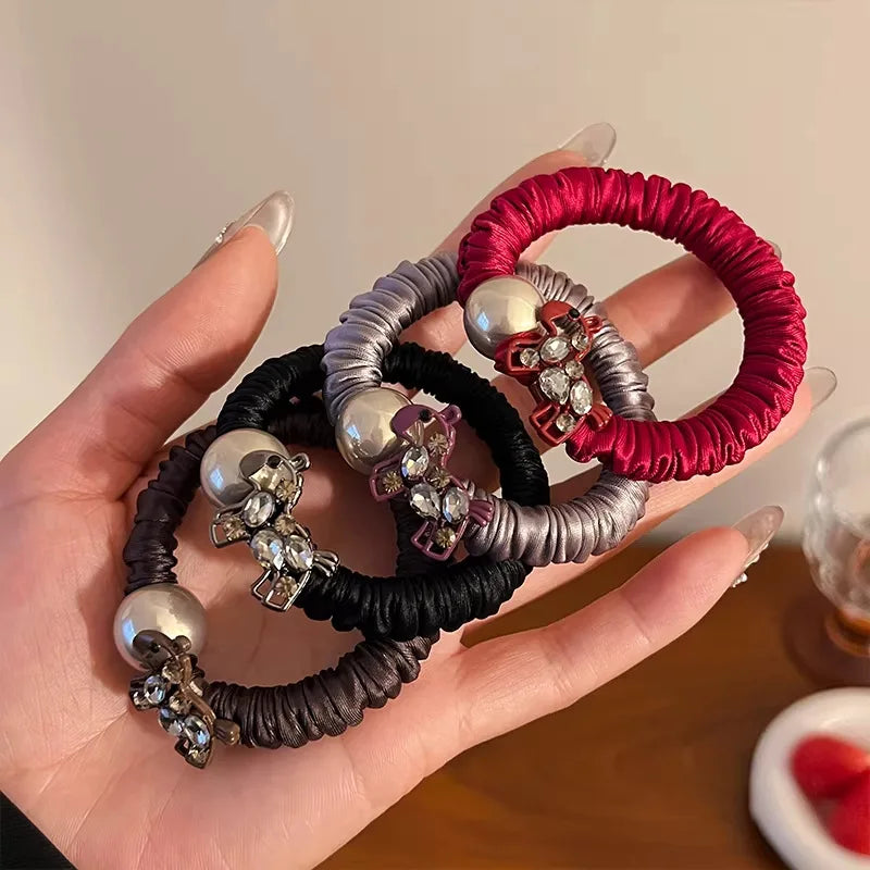 Rhinestone Pearl Horse Hair Ties for Women Elegant Elastic Rubber Bands Sweet Cute Animal Decoration Hair Accessories for Daily Quake