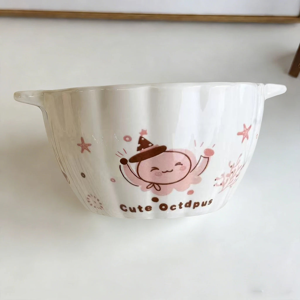 1/2 Pcs Cute Octopus Pumpkin Ceramic Double-Ear Soup Bowl Multi-Purpose Salad Fruit Cereal Bowl Oven Microwave Dishwasher Safe Quake A yellow bowl