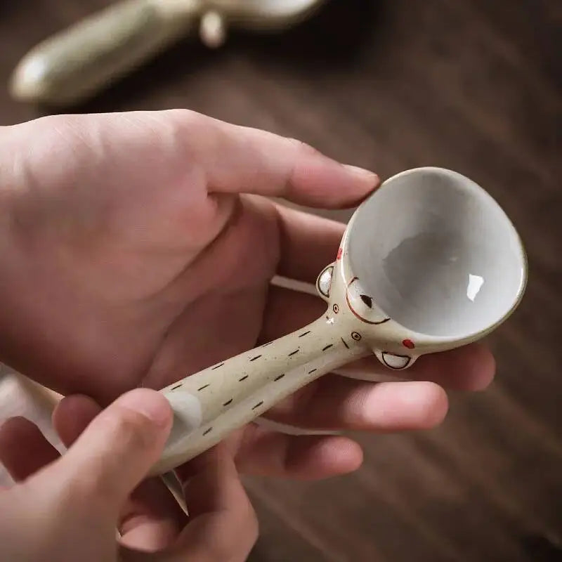 Handmade Rustic Ceramic Spoon With Short Handle, Cute Animal Design, Ice Cream Spoon Kitchen Tablewear Quake