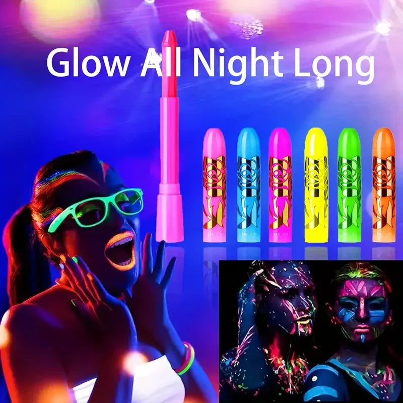 6Pcs UV Neon Face Painting Kit,with 4 Glow Dark Stickers Glow in the Dark Under UV Lights,Black Light Glow Makeup Face Painting Quake