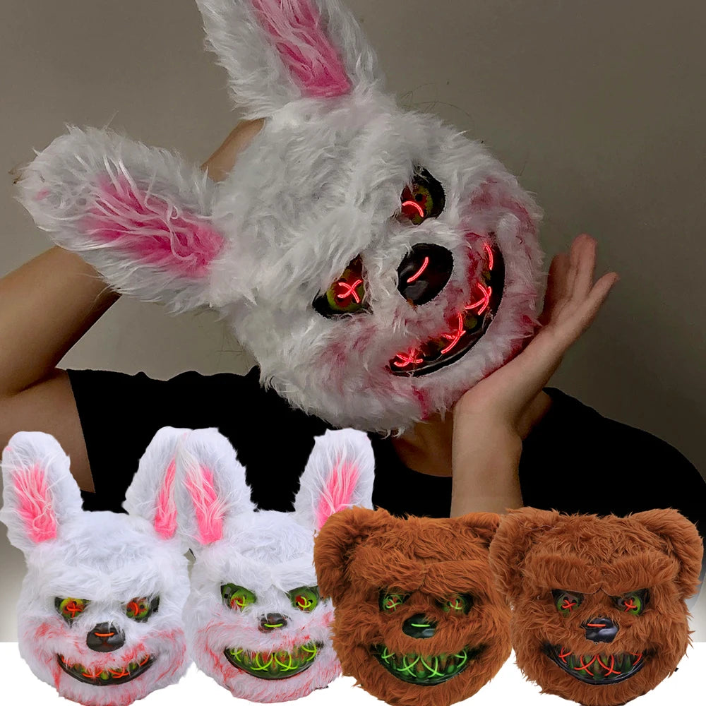 Halloween Plush Luminous Mask Terror Rabbit Bear LED Luminous Mask Plush Rabbit Halloween Party Cosplay Mask Party Photo Prop Quake