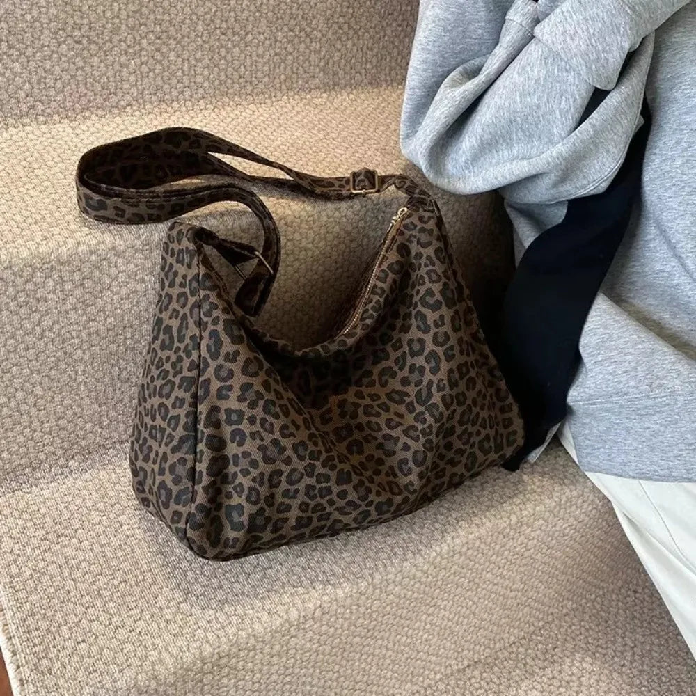 New Soft Textile Women's Shoulder Bag Large Capacity Adjustable Strap Leopard Print Bag Tote Handbag Quake