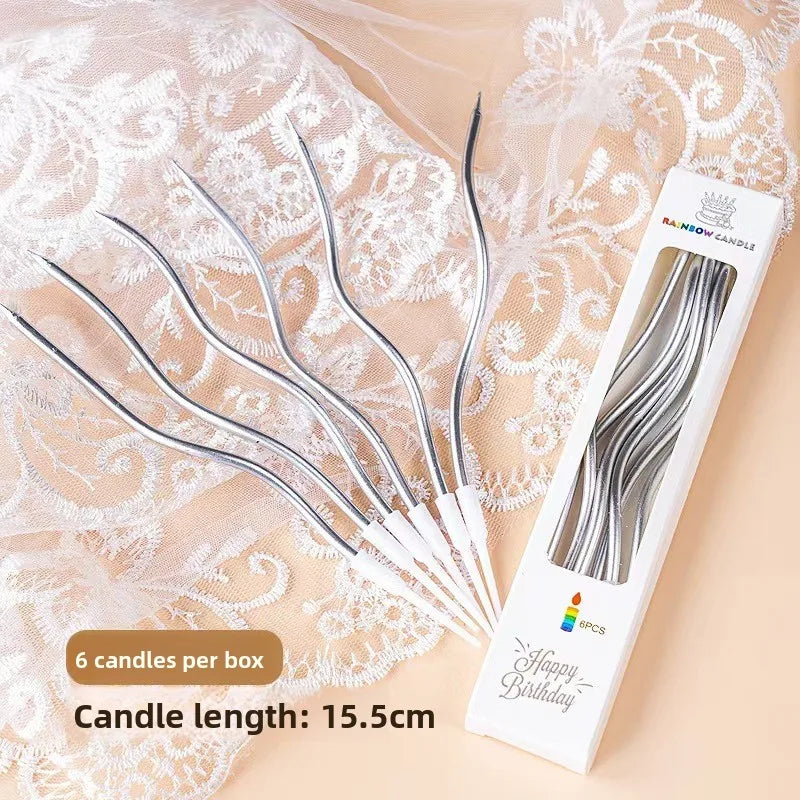 1box Internet Celebrity Retro Curve Candle Cake Decoration for Children's Birthday Parties Plugin Quake silver-1 box
