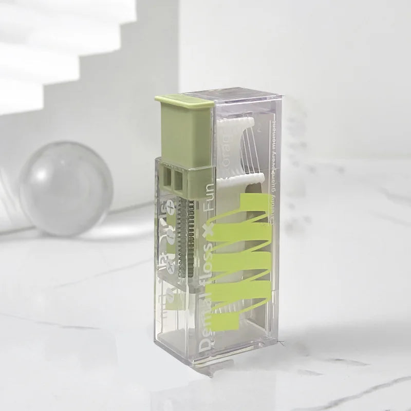 Portable Floss Dispenser Includes 10Pcs Floss Automatic Ejectable Floss Organiser Oral Care Press-on Disposable Flossing Sticks Quake green
