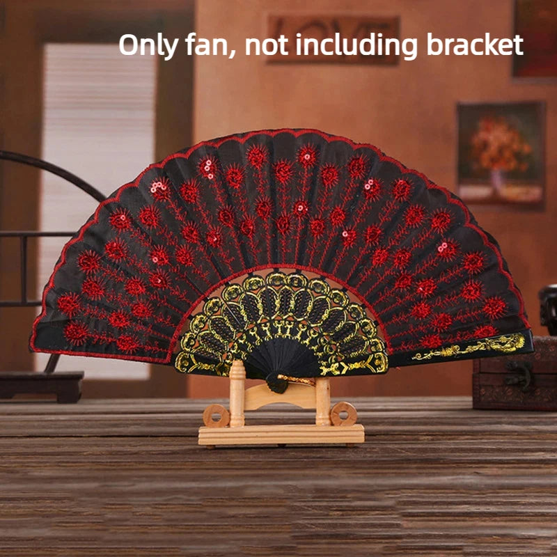 Folding Hand Fan Plastic Gold Powder Craft Fan White Wedding Party Chinese Style Dance Cloth Folding Fan Handheld Quake Red