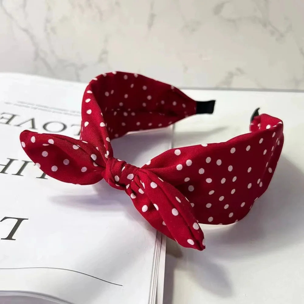 Retro Polka Dot Bow Headband for Women Girls Elegant Wide Edge High Skull Headband Fashion Versatile Hair Styling Accessories Quake Red