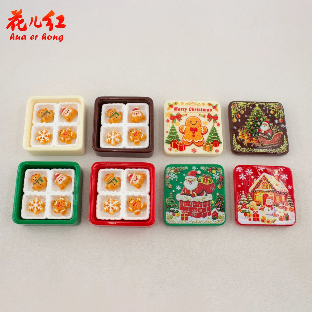 10Pcs Cute Christmas Gingerbread Biscuit Gift Box Series Flatback 3D Resin Cabochon DIY Keychain For Dollhouse Accessories Quake