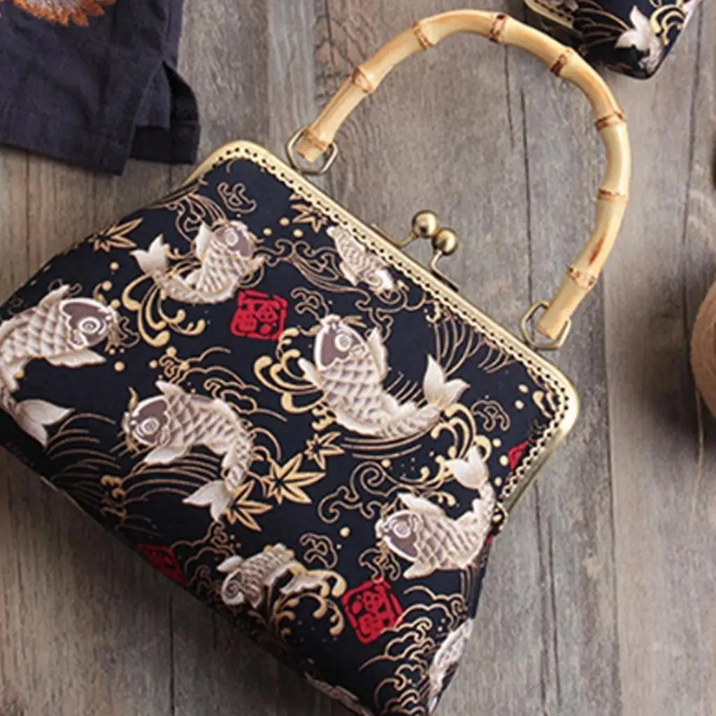 Metal Purse Frame Vintage Bamboo Handle Kiss Clasp Lock Handbag Frame for DIY Sewing Bag Making Supplies Quake