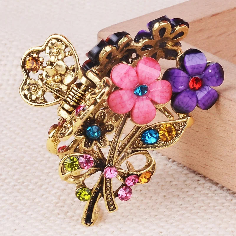Vintage Crystal Flower Hair Claw Korean Simple Elegant Ponytail Clip Female Ladies Hair Styling Accessories Mother's Day Gifts Quake NO.6