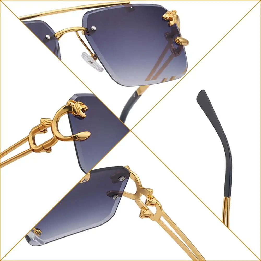 Fashion Retro Cheetah Decoration Sunglasses for Women Men Metal Steampunk Sun Glasses Summer UV400 Shades Trendy Rimless Eyewear Quake