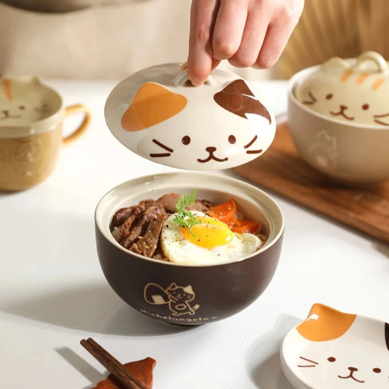 YWDL 550ml Cartoon Cat Ceramic Instant Noodle Bowl With Lid Underglaze Color Soup Salad Bowl Kitchen Office Student Lunch Box Quake