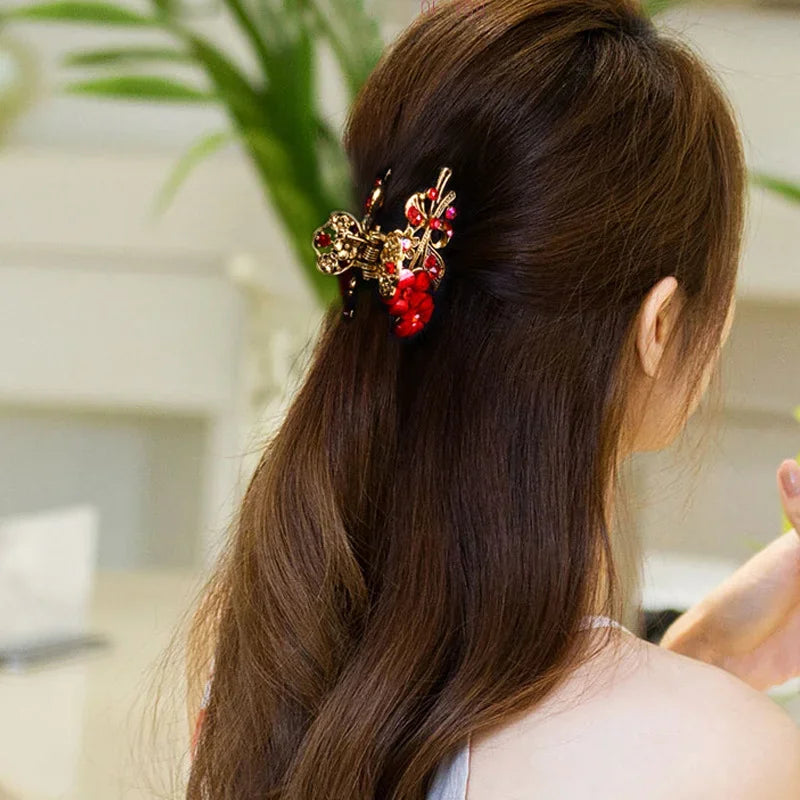 Vintage Crystal Flower Hair Claw Korean Simple Elegant Ponytail Clip Female Ladies Hair Styling Accessories Mother's Day Gifts Quake