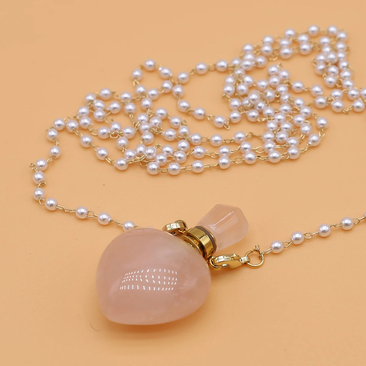 Perfume Bottle Necklace Natural Stone Rose Quartz Perfume Bottle Pendant For Women Christmas Halloween Gift Chain 80cm Quake