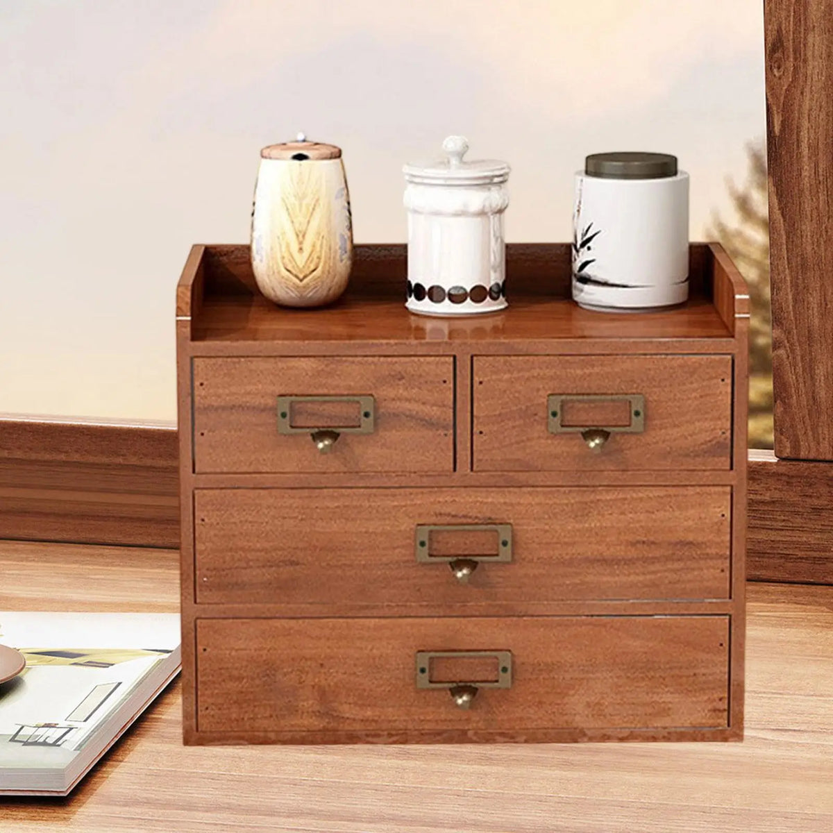 Desk Drawer Organizer Wooden Storage Box Farmhouse Home Decor Dresser Organization for Entryway Daily Use Toiletry Closet Quake Brown