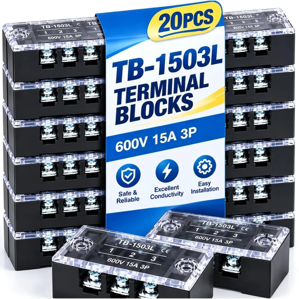 TB1503 Terminal Blocks 600V 15A Dual Row Screw Terminal Block Flame Retardant Fixed Wiring Strip for Industrial Control Cabinets Quake