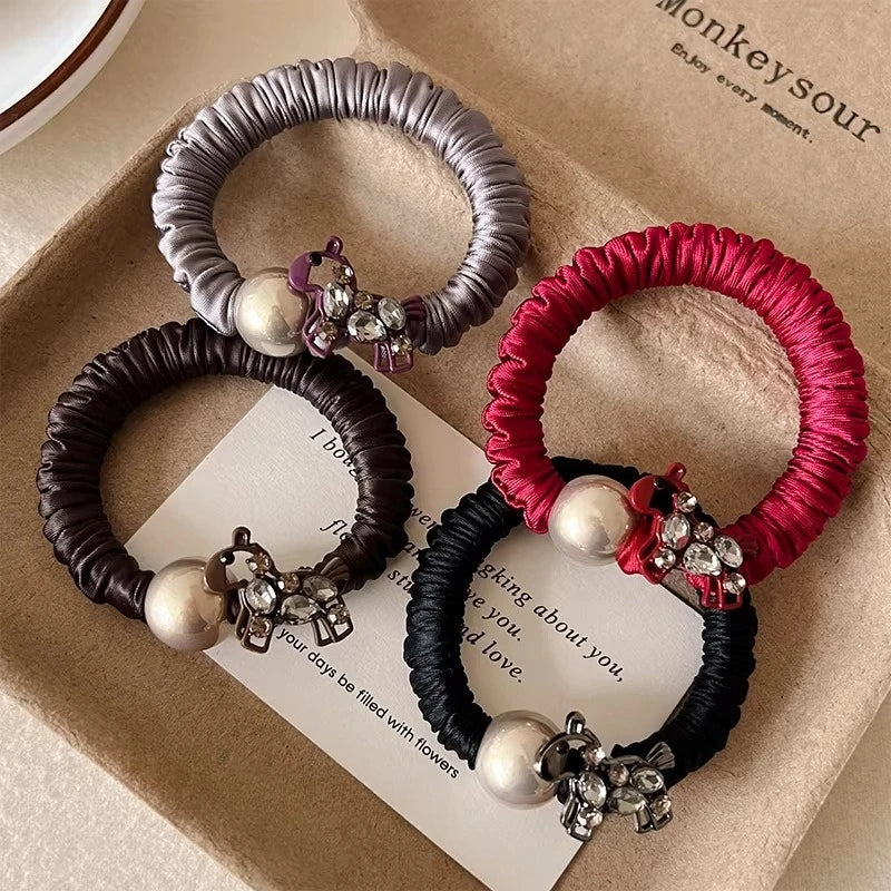 Rhinestone Pearl Horse Hair Ties for Women Elegant Elastic Rubber Bands Sweet Cute Animal Decoration Hair Accessories for Daily Quake