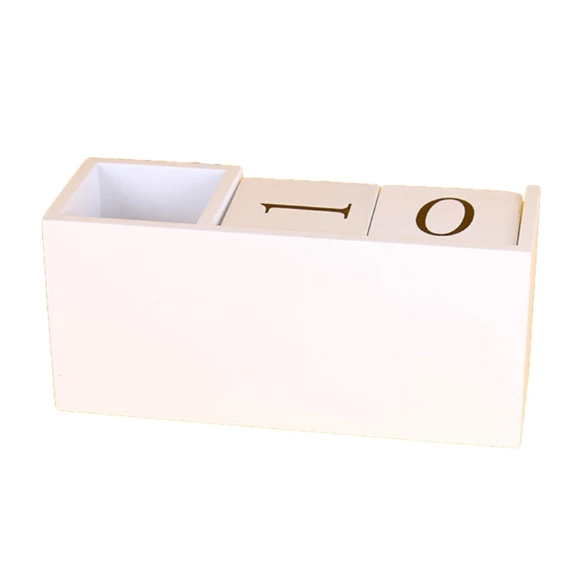 Wooden Permanent Calendar with Pen Holder, Desk Pen Holder with Blocks Permanent Calendar Office Desk Decorations K1KF Quake