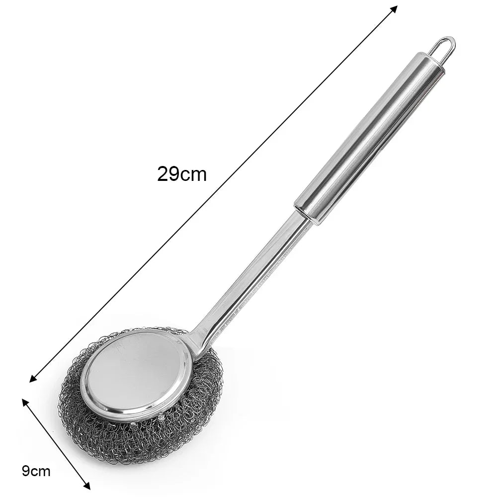 Steel Wire Ball Pot Brush Kitchen Pan Dishes Cleaning Brush Long Handle Metal Wool Scourer Strong Decontamination Cleaning Brush Quake 1PC