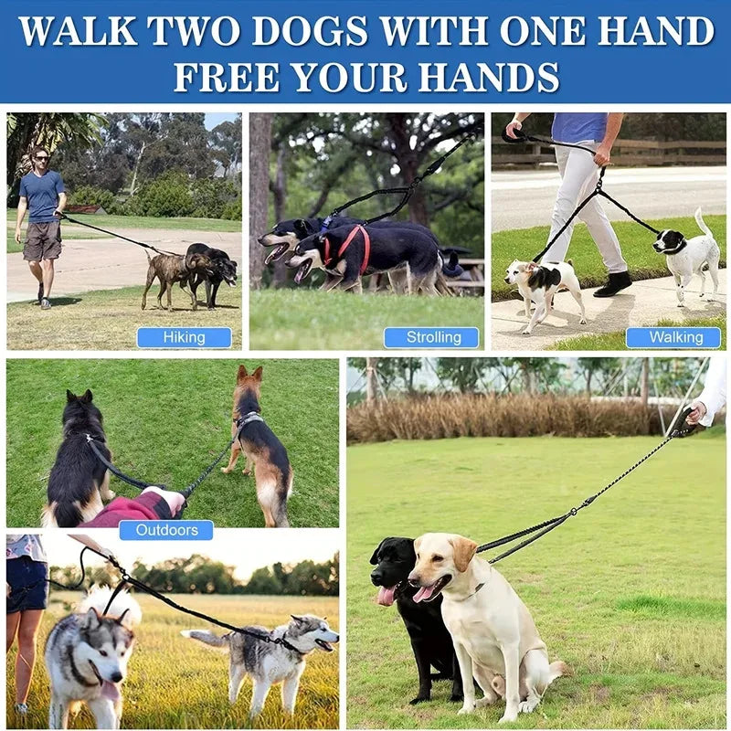 Pet Dog Double Leashes - No Tangle Dog Leash Coupler, Comfortable Shock Absorbing Reflective Bungee Lead for Nighttime Safety Quake