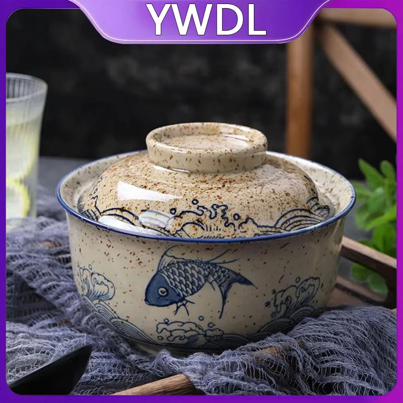 YWDL 6.5inch Japanese Style Ramen Bowl With Lid Ceramic Instant Noodle Bowl For Soup Rice Noodle And Porridge Kitchen Tableware Quake