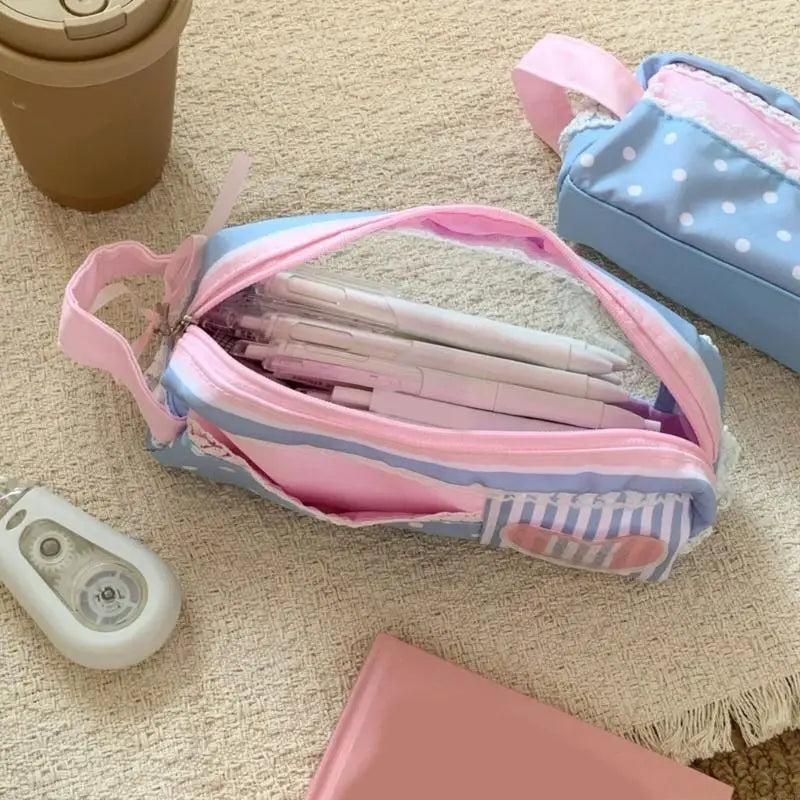 Pencil Soft Polyester Pen Case with Zippers Closure, Pink Blue Patchwork Stationeries Bag for Students and Homework K1KF Quake