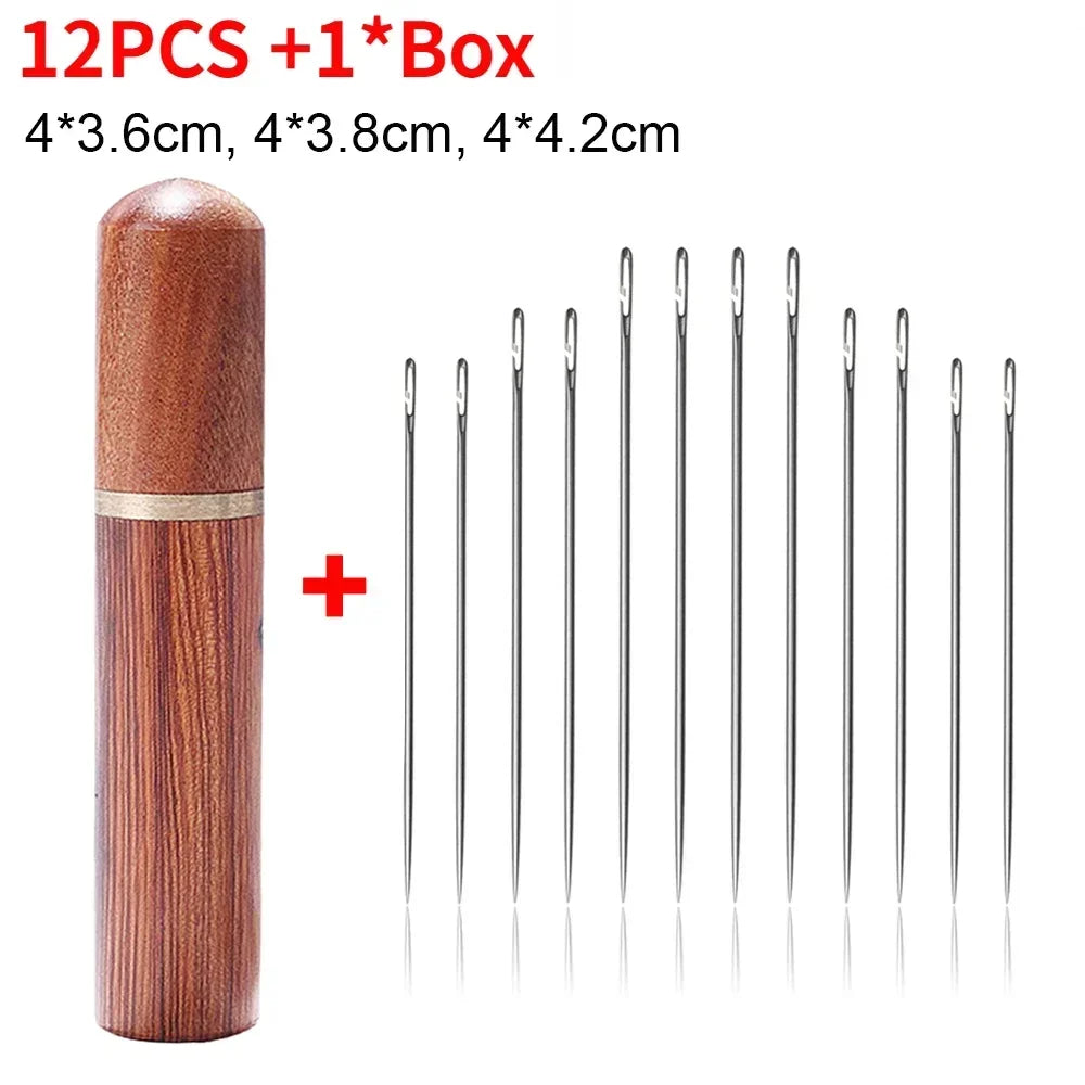 Side Hole Blind Sewing Needles Stainless Steel Elderly Needles Hand Sewing Stitching Pin DIY Home Self Threading Needle with Thi Quake 12PCS Rosewood Box