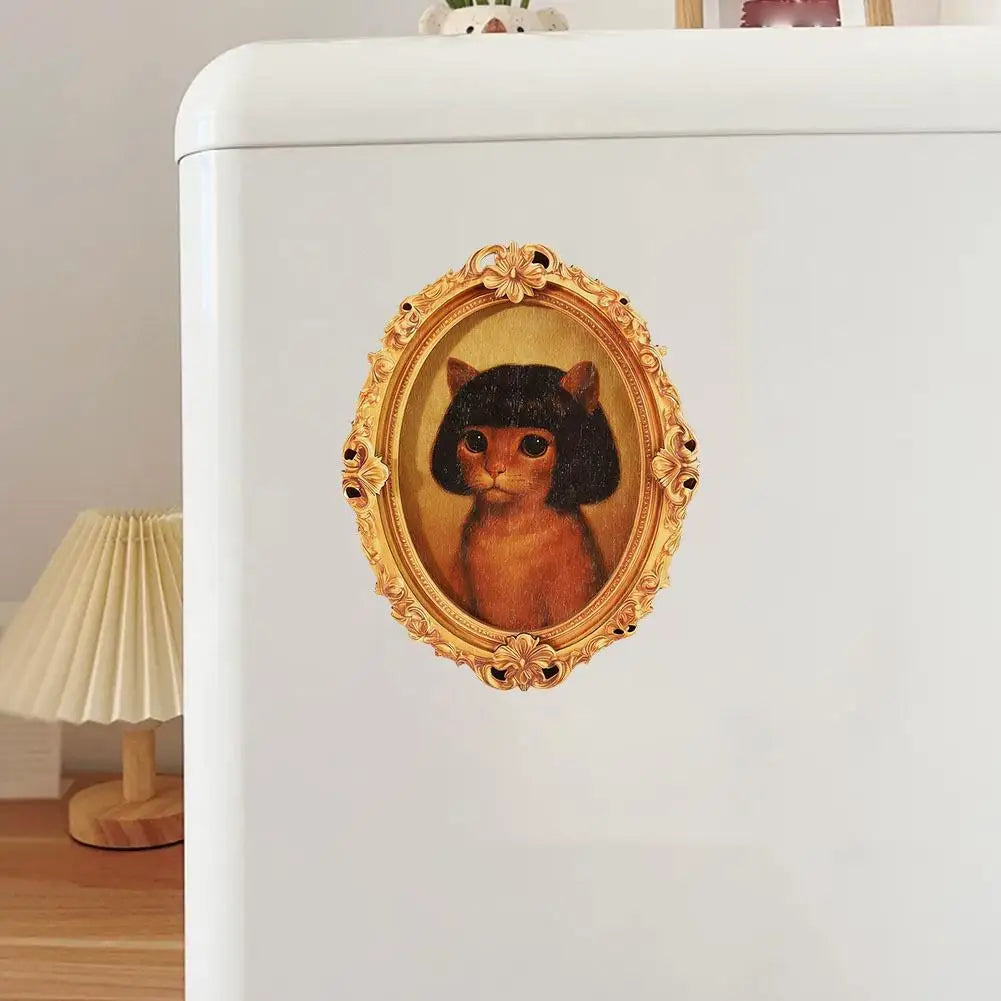 Vintage Wood Oval Photo Frame Fridge Magnet Lovely Wig Cat Pattern Refrigerator Magnetic Sticker Home Kitchen Decoration Quake