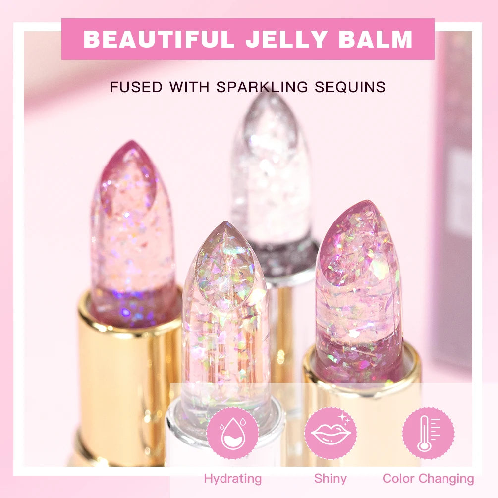 QIBEST Glitter Lipstick Lip Balm Color Change Transparent Moisturizing Crystal Jelly Pearlescent Lip Plumper Gloss Tint Cosmetic Quake
