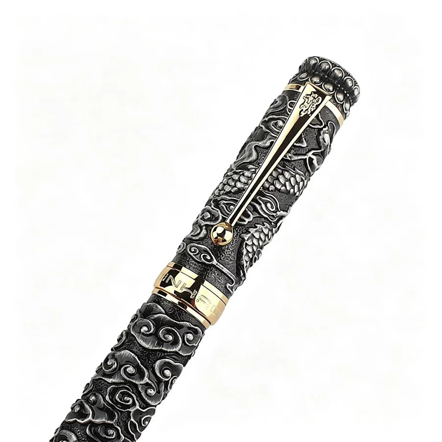 Jinhao Luxury Embossed Dragon Cloud Fountain Pen Vintage Antique Metal Carved M Nib Business Gift Calligraphy Writing Ink Pen Quake