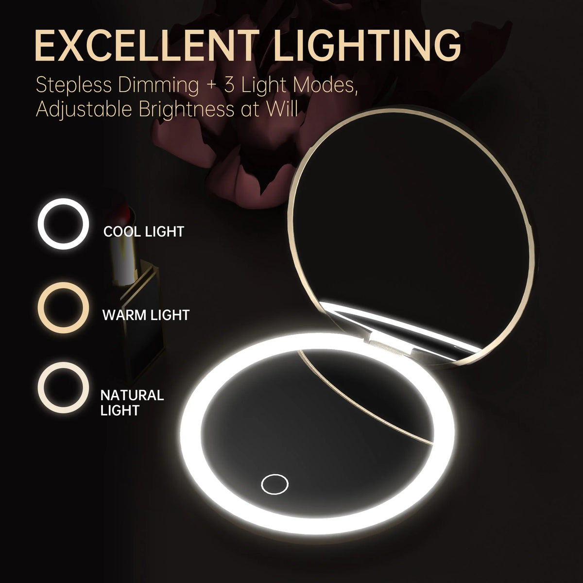 3 Colors LED Lighted Travel Makeup Mirror Foldable Rechargeable Compact Cosmetic Mirror Portable Tools Quake