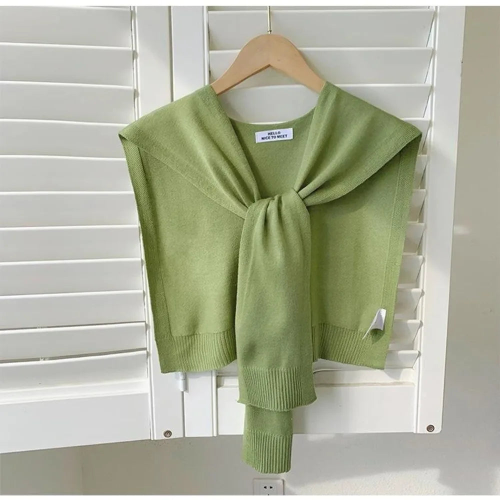 Fashion Knitted Design Knitted Shawl Knotted Solid Color Fake Collar Neck Guard Thin Shoulder Scarf Women Quake Green