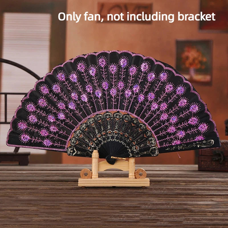 Folding Hand Fan Plastic Gold Powder Craft Fan White Wedding Party Chinese Style Dance Cloth Folding Fan Handheld Quake Pink