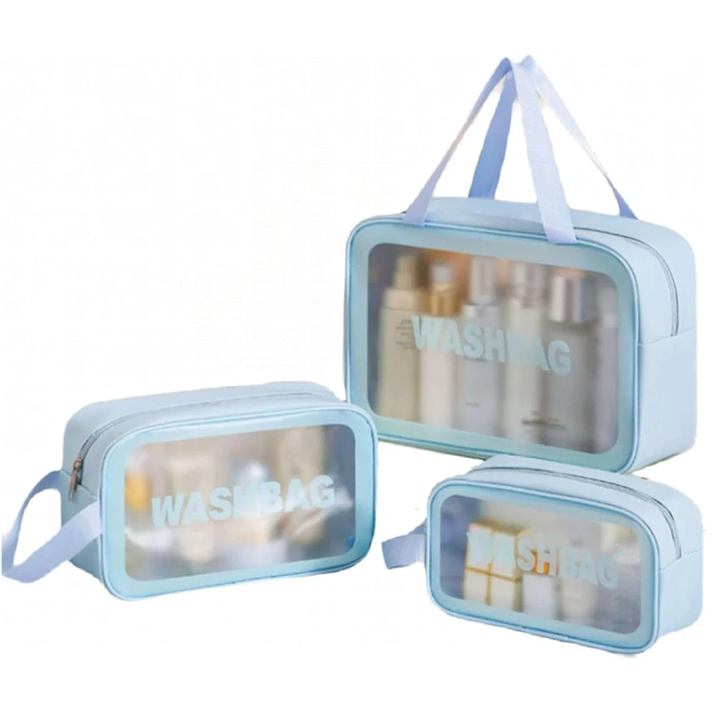 3pcs Transparent Makeup Bag Large Capacity Portable Cosmetic Storage Bag for Travel, Fitness & Swimming Quake Blue