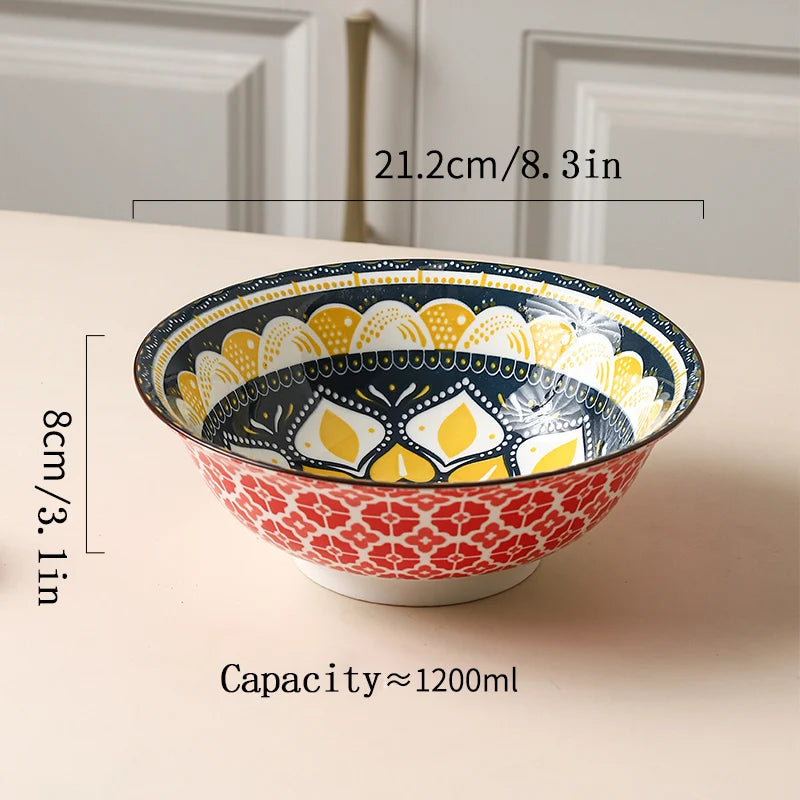 1/4-Piece Bohemian Ceramic Soup Bowl Set, 8-Inch Microwave & Dishwasher Safe, Ramen Pasta Salad Bowl Quake
