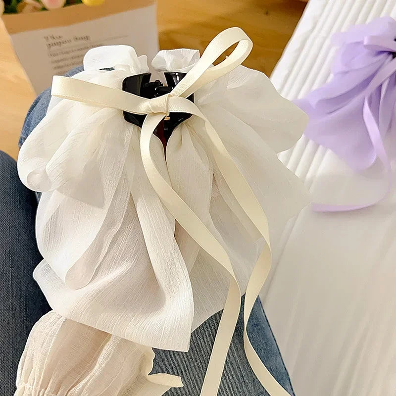 Korean Mesh Bowknot Hair Claw Sweet Ribbon Bow Hairpin Bang Clip Korean Girls Fashion Grab Clip Female Headwear Hair Accessories Quake
