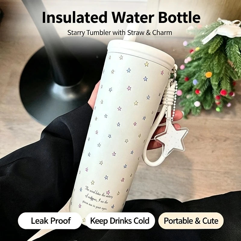 Starry Sky Thermos Cup Stainless Steel Straw Water Bottle High Aesthetic Girl Large Capacity Portable Outdoor Drinking Mug Quake