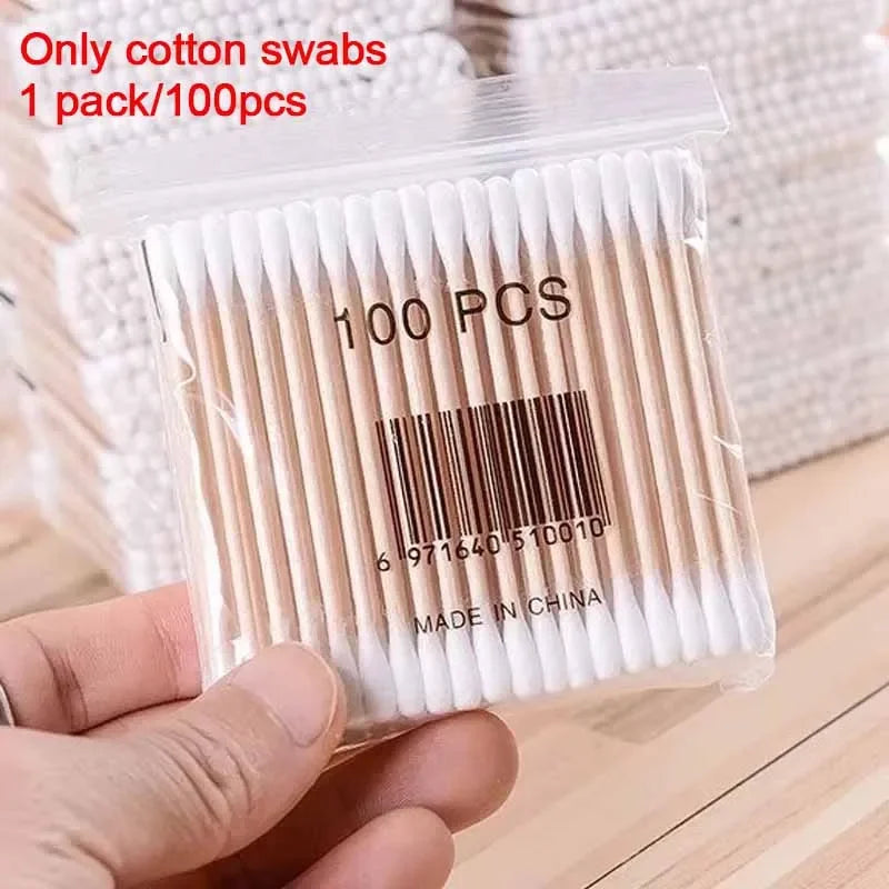 Organize Box Double Head Cotton Swab Storage Box Cotton Container Transparent Square Bamboo Cover Cotton Swab Toothpick Quake Only cotton swabs