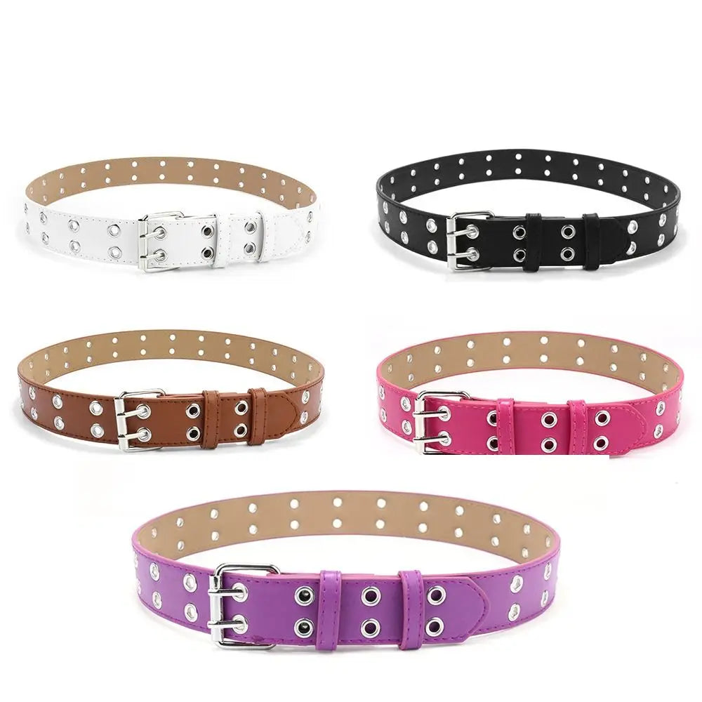 Fashion Punk Waistband PU Leather Double Holes Waist Strap Metal Pin Buckle Solid Color Decoration Belt Children Quake