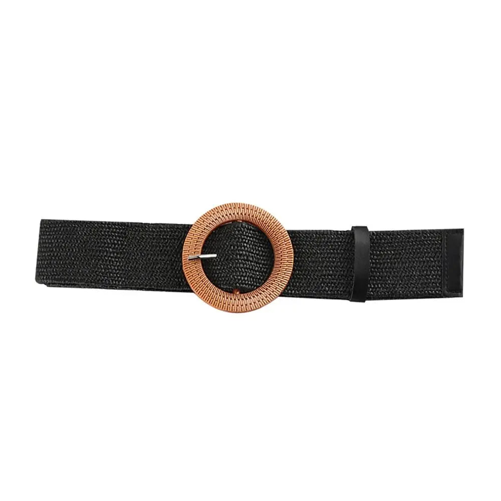 Summer Casual Elastic Braided Waistbelt Wide Straw Belt Waist Belt Quake Black-Style 1
