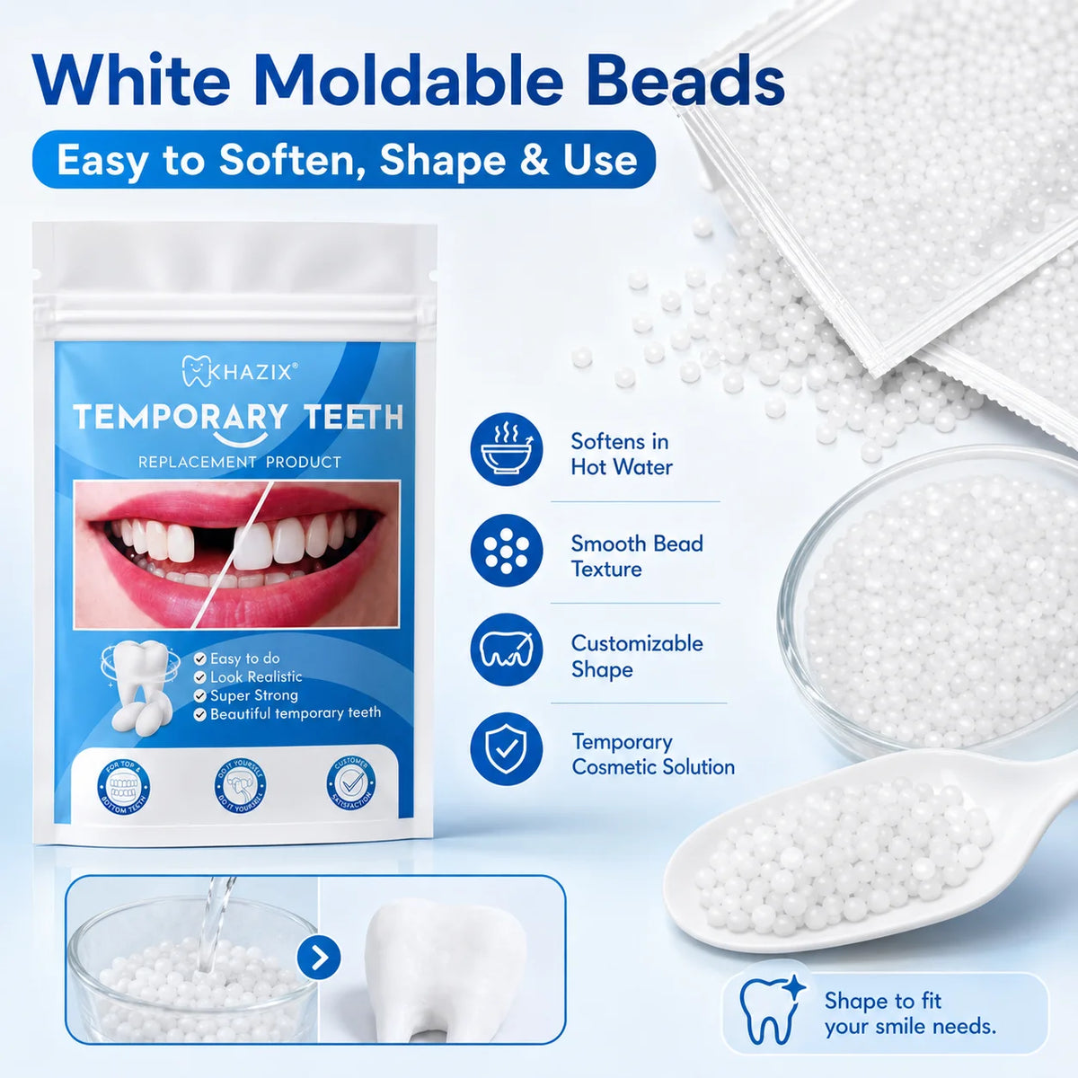 10g Temporary Teeth Beads DIY Cosmetic Smile Fix Moldable White Beads Easy to Shape for Natural-Looking Teeth Quake