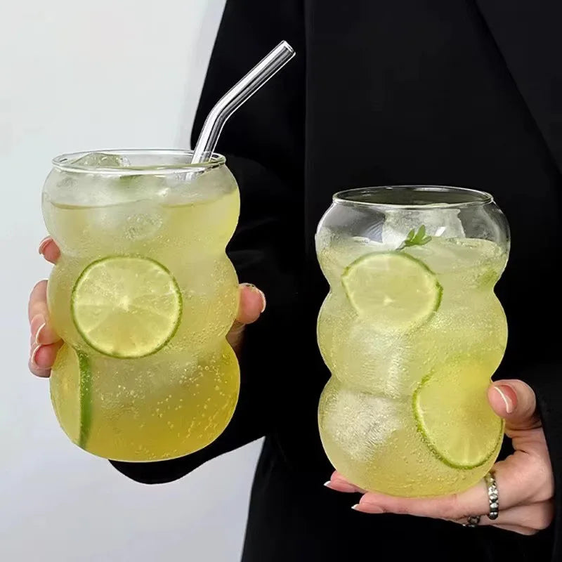 YWDL 350/550ml Transparent Glass Cup Cold Coffee Cup With Straw Dessert Juice Milk Drinkware Mug Party Cocktail Glasses Teacup Quake