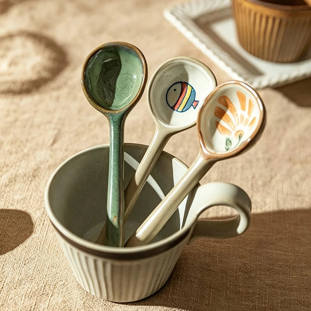 YWDL Japanese‑Style Ceramic Soup Spoon Long Handle Table Spoon Household Rice Porridge Eating Spoon Kitchen Tableware Quake