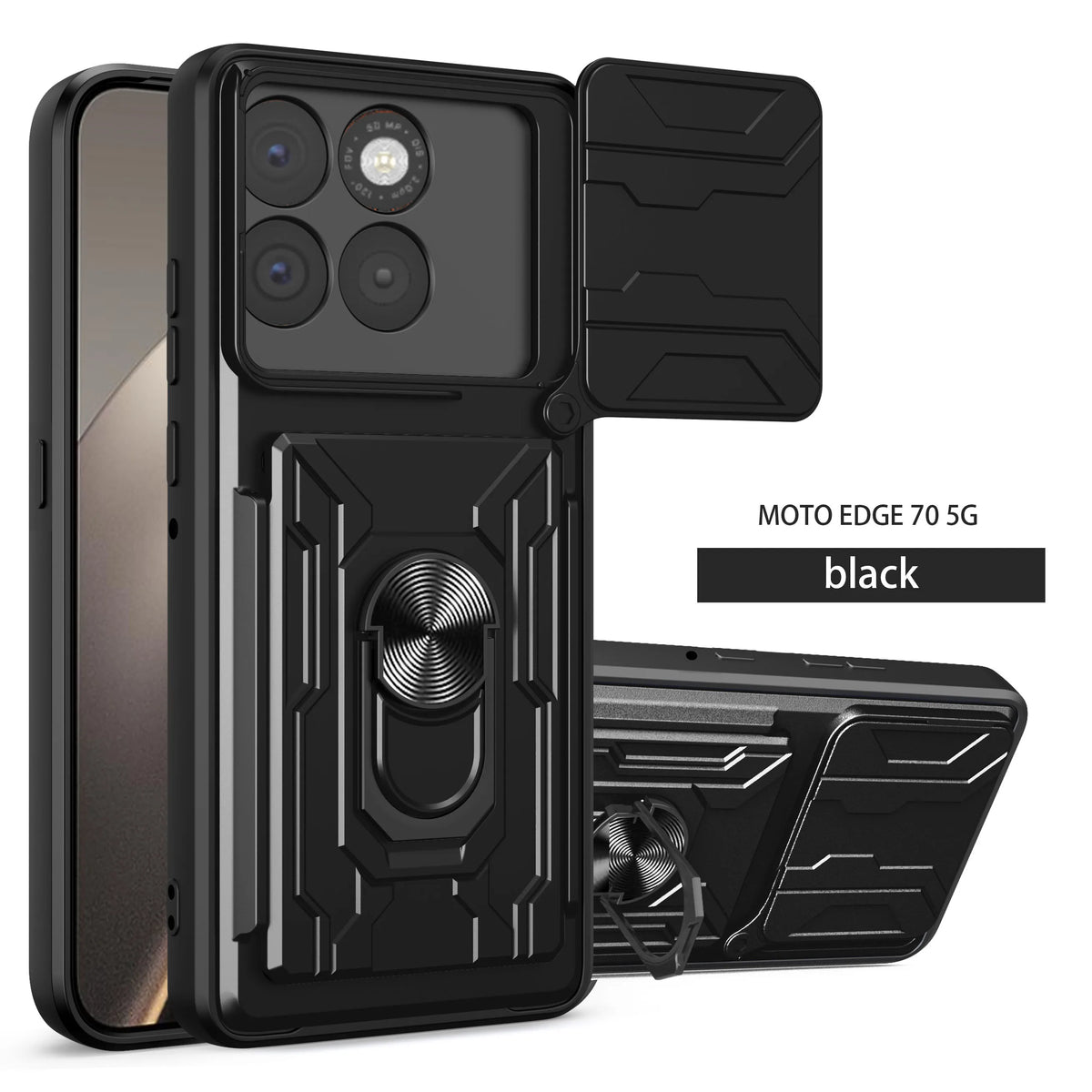 2-in-1 Card Case +Stand Phone Case For Motorola EDGE70 5G Shock-Proof Rear Cover Protective Phone Case Quake Black