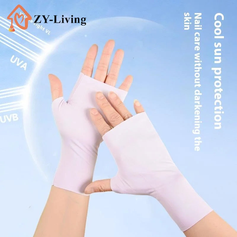 Pro Uv Protection Gloves For Nail Art Gel Nail Lamp Sunscreen Gloves Fingerless Hand Sun Care Thin Cool Ice Silk Silky Sun Glove Quake